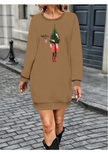 Mottisfashion Kadın Uzun Kollu Bisiklet Yaka Desenli Kısa Viskon Iki Iplik Elbise