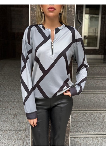Mottisfashion Kadın Uzun Kollu Yuvarlak Yaka Fermuarlı Desenli Şardonlu Bluz fiyatları