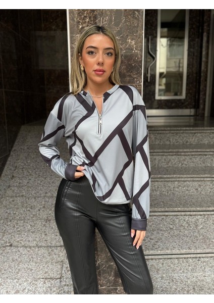 Mottisfashion Kadın Uzun Kollu Yuvarlak Yaka Fermuarlı Desenli Şardonlu Bluz modelleri