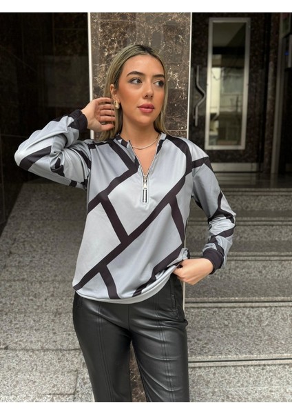 Mottisfashion Kadın Uzun Kollu Yuvarlak Yaka Fermuarlı Desenli Şardonlu Bluz