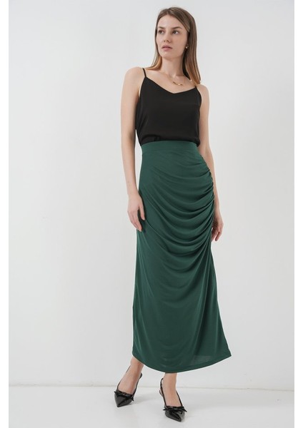 Mottisfashion 8035 Büzgülü Midi Etek - Zümrüt Yeşili