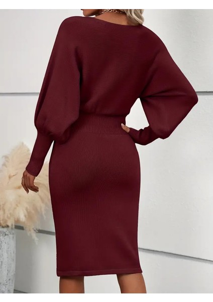 Mottisfashion Kadın Uzun Yarasa Kollu Yakası Açık Belden Oturtmalı Kısa Triko Elbise
