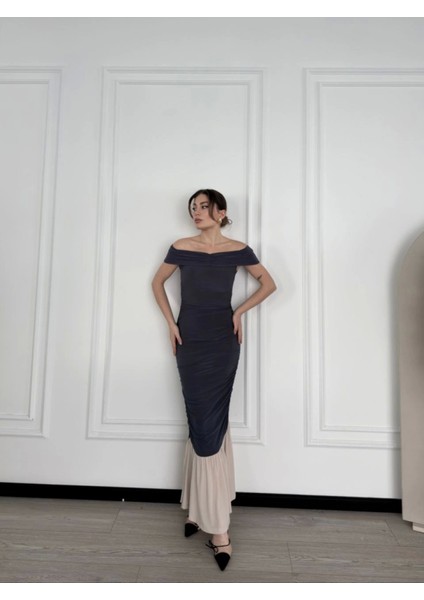 Mottisfashion Striptiz Omuzlu Uzun Elbise- Füme