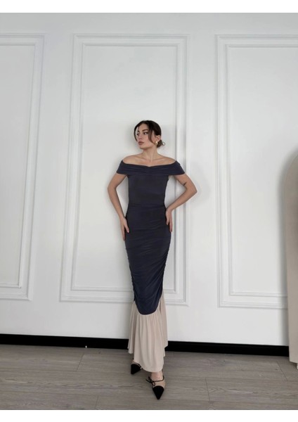 Mottisfashion Striptiz Omuzlu Uzun Elbise- Füme