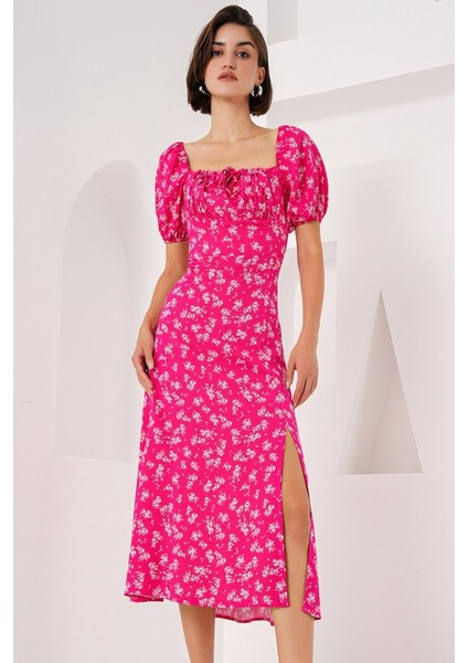 Mottisfashion 2387 Yırtmaç Detaylı Elbise - Fuşya