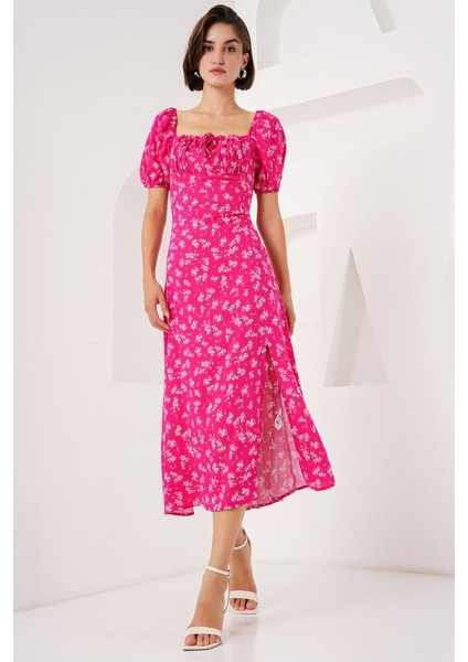 Mottisfashion 2387 Yırtmaç Detaylı Elbise - Fuşya