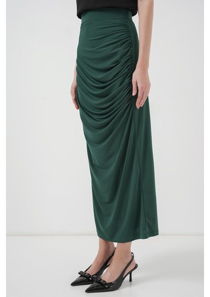 Mottisfashion 8035 Büzgülü Midi Etek - Zümrüt Yeşili fırsatları