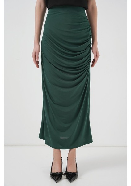 Mottisfashion 8035 Büzgülü Midi Etek - Zümrüt Yeşili