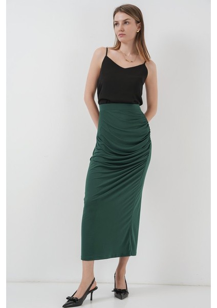 Mottisfashion 8035 Büzgülü Midi Etek - Zümrüt Yeşili