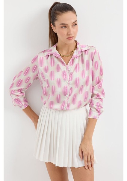 Mottisfashion 3964 Hafif Dökümlü Saten Gömlek - B.pembe