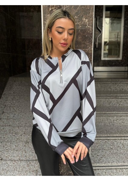 Mottisfashion Kadın Uzun Kollu Yuvarlak Yaka Fermuarlı Desenli Şardonlu Bluz indirimleri
