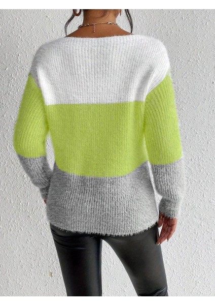 Mottisfashion Kadın Uzun Kollu Kayık Yaka Çok Renkli Triko Bluz