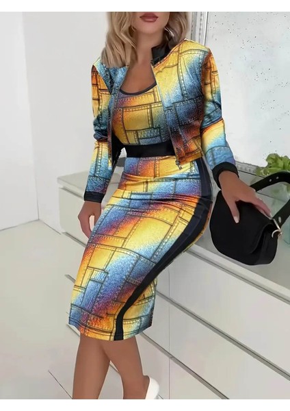 Mottisfashion Kadın Uzun Kollu Askılı Yuvarlak Yaka Desenli Dalgıç Bluz Ceket ve Etek Üçlü Takım