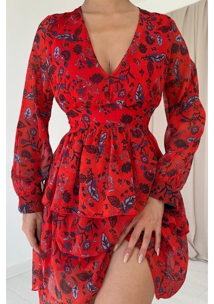 Mottisfashion Kırmızı Kat Kat Şifon Elbise