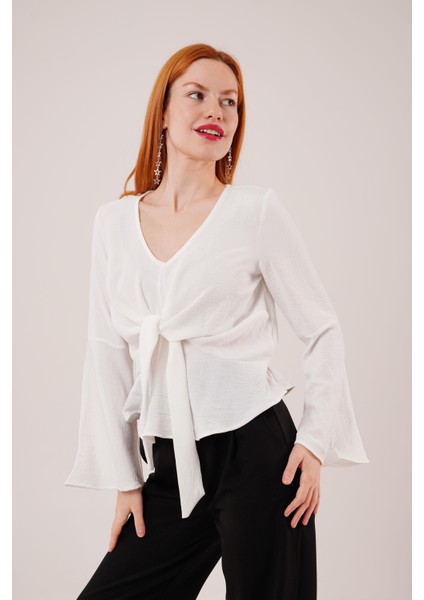 Mottisfashion Ön Bağlamalı Volan Kol Beyaz Bluz indirimleri