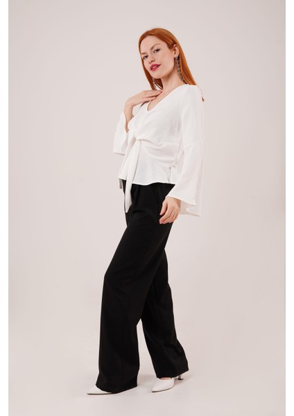 Mottisfashion Ön Bağlamalı Volan Kol Beyaz Bluz