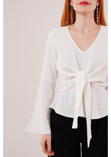 Mottisfashion Ön Bağlamalı Volan Kol Beyaz Bluz