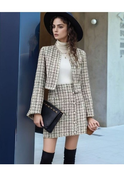 Mottisfashion Kadın Uzun Kollu Önü Açık Düğme Detaylı Dokuma Ceket Etek Ikili Takım modelleri