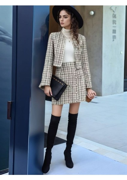 Mottisfashion Kadın Uzun Kollu Önü Açık Düğme Detaylı Dokuma Ceket Etek Ikili Takım fırsatları