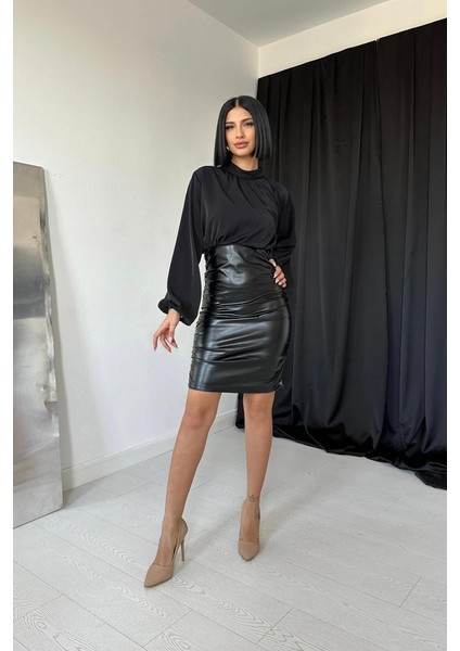 Mottisfashion Siyah Deri Elbise