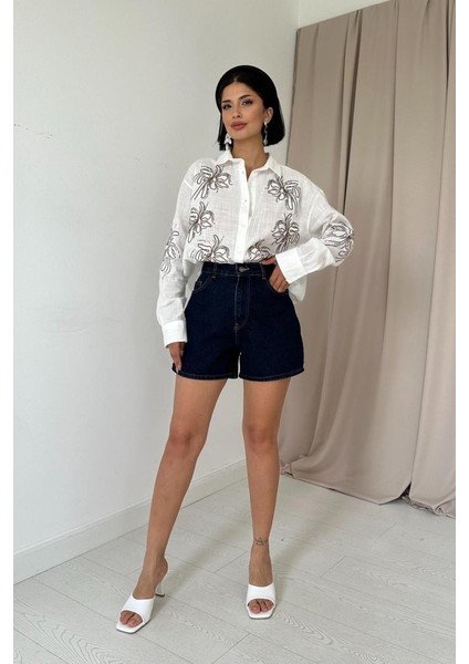 Mottisfashion Beyaz Flamlı Keten Nakışlı Pullu Gömlek fiyatları
