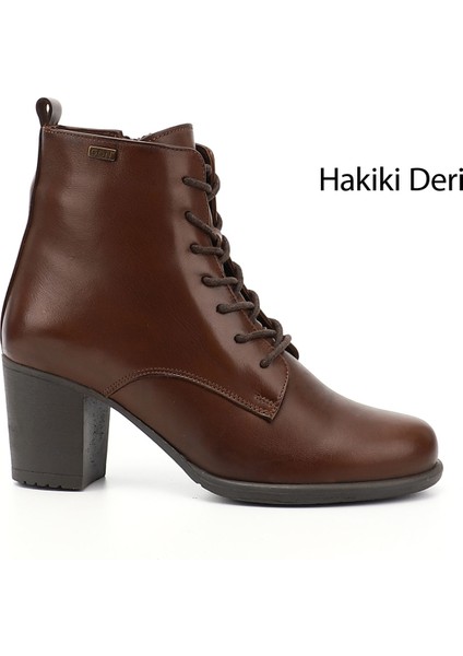 Kadın Kahve Fermuarlı Kalın Topuklu Hakiki Deri Postal Bot