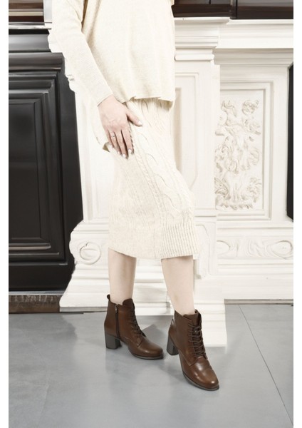 Kadın Kahve Fermuarlı Kalın Topuklu Hakiki Deri Postal Bot fiyatları