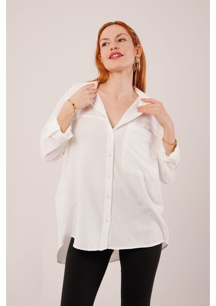 Mottisfashion Salaş Kesim Cepli Beyaz Gömlek modelleri