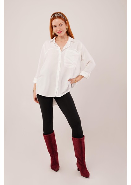 Mottisfashion Salaş Kesim Cepli Beyaz Gömlek