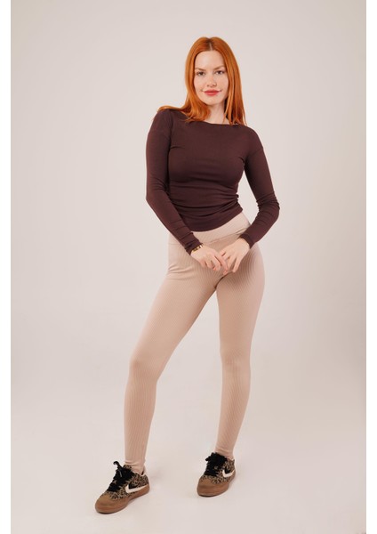 Mottisfashion Yaka Detay Uzun Kollu Basic Kahverengi Bluz