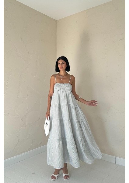 Mottisfashion Mavi Askılı Parçalı Çizgili Müslin Elbise