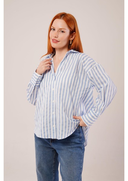 Mottisfashion Çizgili Rahat Kesim Mavi Gömlek