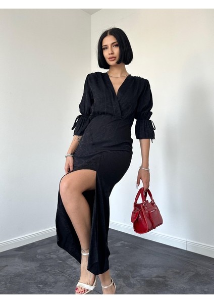 Mottisfashion Siyah Yırtmaçlı Jakar Elbise fiyatları
