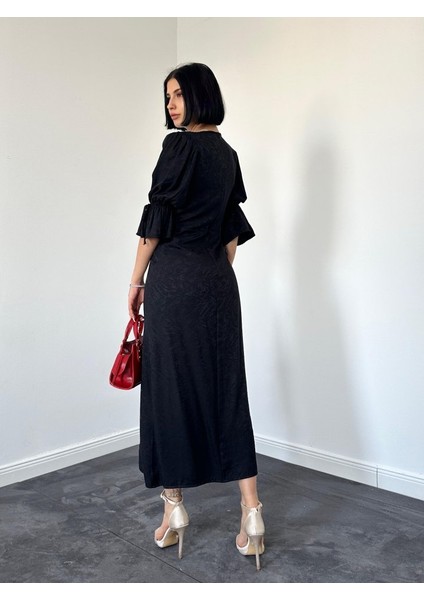 Mottisfashion Siyah Yırtmaçlı Jakar Elbise modelleri
