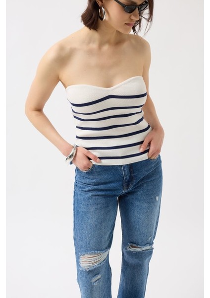 Mottisfashion Çizgili Straplez Dokulu Bluz