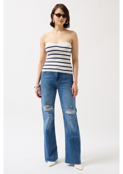 Mottisfashion Çizgili Straplez Dokulu Bluz