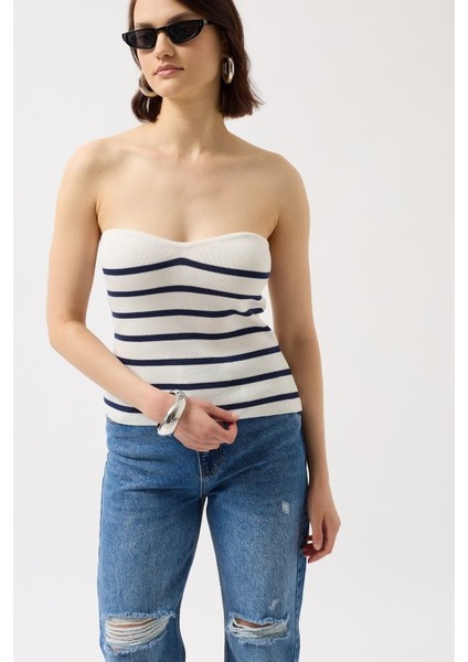 Mottisfashion Çizgili Straplez Dokulu Bluz