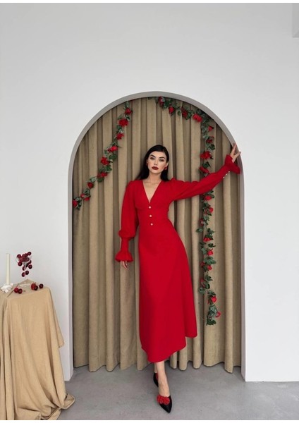 Mottisfashion Meta Düğme Detaylı Elbise