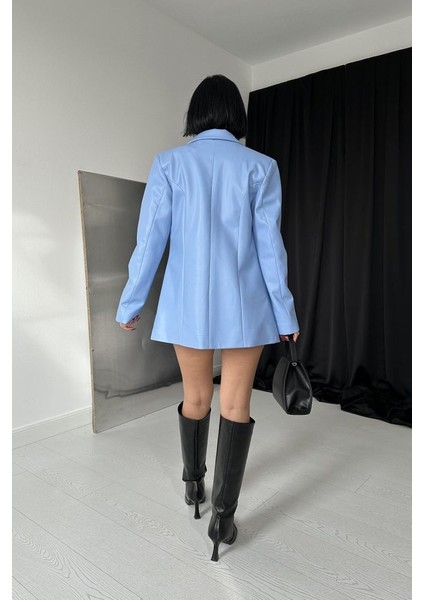 Mottisfashion Mavi Düğmeli Deri Ceket