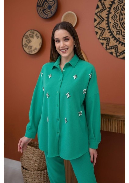 Mottisfashion Yeşil Gömleği Taşlı Fitilli Takım