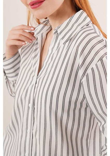 Mottisfashion Çift Çizgi Geçişli Düğmeli Gri Gömlek