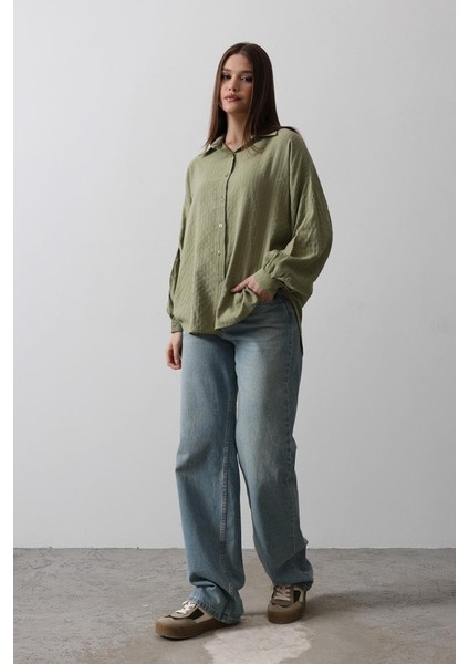 Mottisfashion Çizgili Uzun Kol Gömlek - Haki