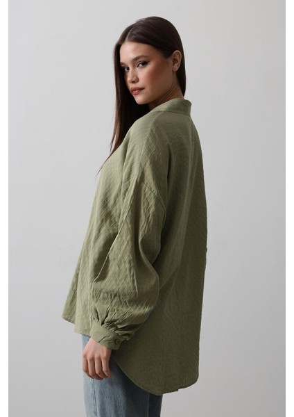 Mottisfashion Çizgili Uzun Kol Gömlek - Haki