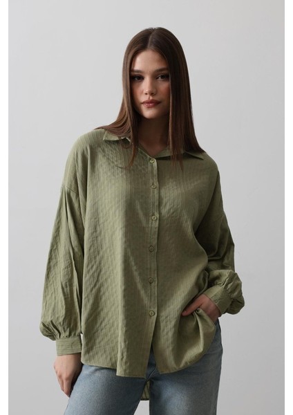 Mottisfashion Çizgili Uzun Kol Gömlek - Haki