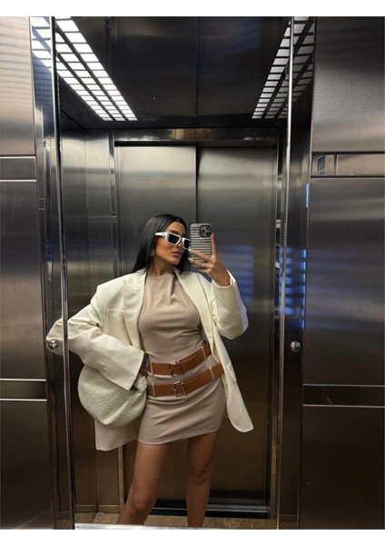 Mottisfashion Polyviscon Çift Kemer Detaylı Elbise - Bej fırsatları