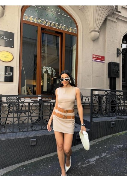 Mottisfashion Polyviscon Çift Kemer Detaylı Elbise - Bej indirimleri