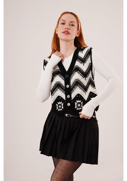 Mottisfashion Zikzak Geçişli Triko Örme Siyah Yelek