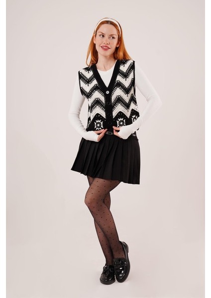 Mottisfashion Zikzak Geçişli Triko Örme Siyah Yelek modelleri