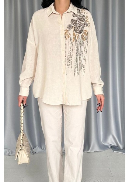 Mottisfashion Krem Pulpayet Nakışlı Bedensiz Gömlek