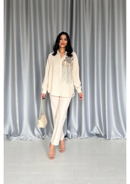 Mottisfashion Krem Pulpayet Nakışlı Bedensiz Gömlek
